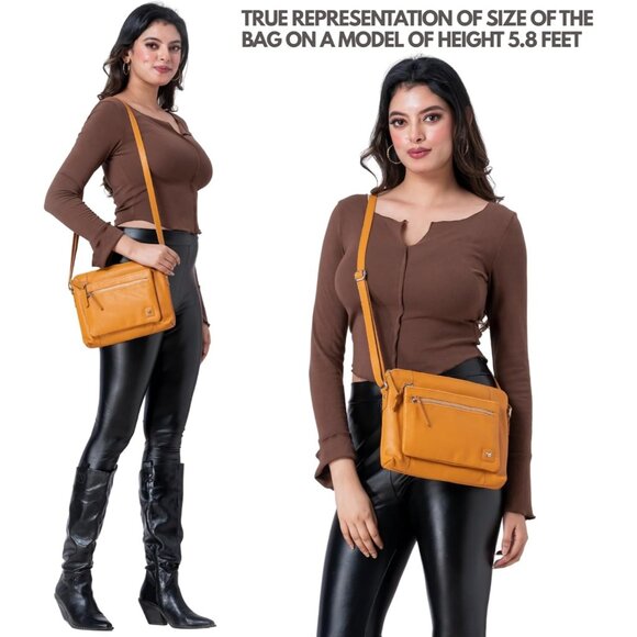 Women Mustard Imported Leather Polyester Crossbody Sling Shoulder Crossover Bag - Picture 2 of 6